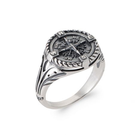 Offrez une chevaliere symbolique pour homme : boussole, fleur de lys, Agathe noire