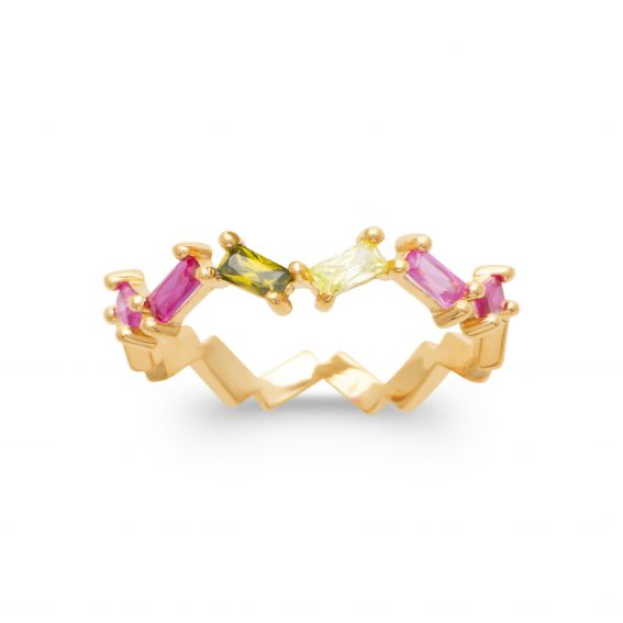 Bague design zircons verts et roses