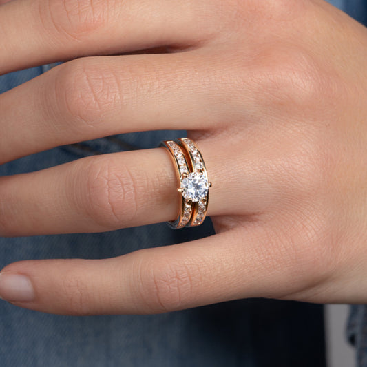 Bague solitaire Plaqué Or 750/000 en 2 anneaux