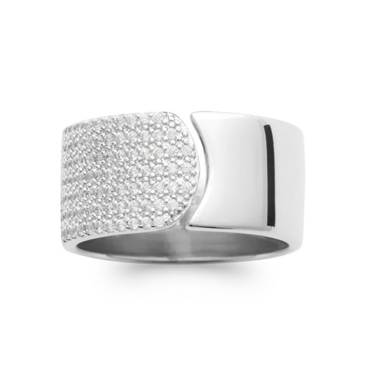 Bague argent rhodié large raffinée pavée d'oxydes de zirconium