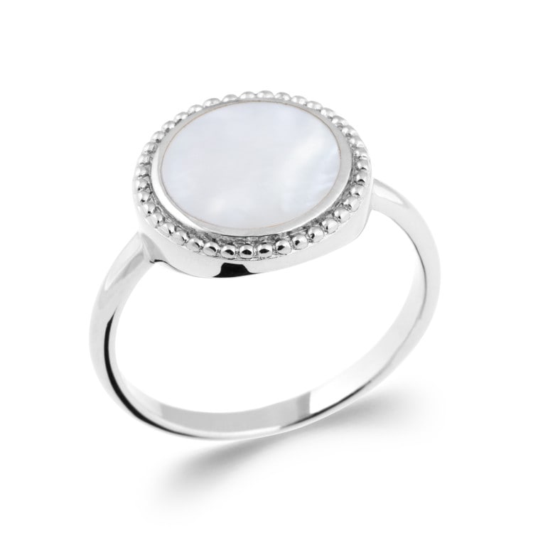 Bague nacre blanche ronde argent 925 rhodié