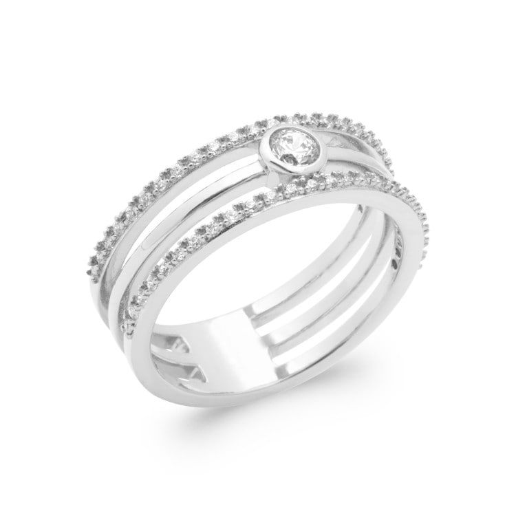 Bague 3 rangs avec oxyde central argent 925 rhodié