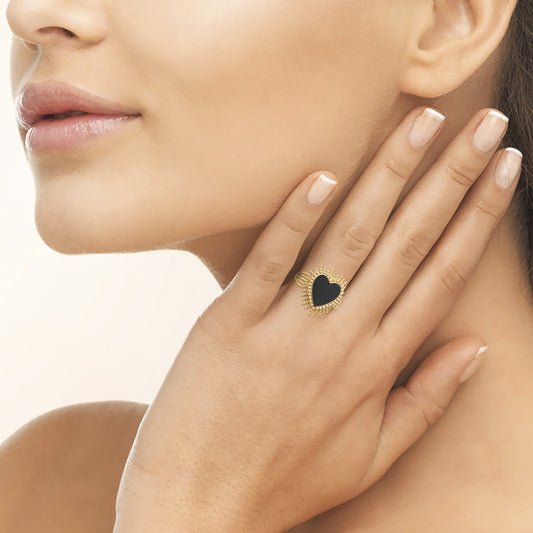 Bague coeur en plaqué or Agate noire