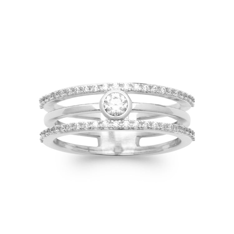 Bague 3 rangs avec oxyde central argent 925 rhodié