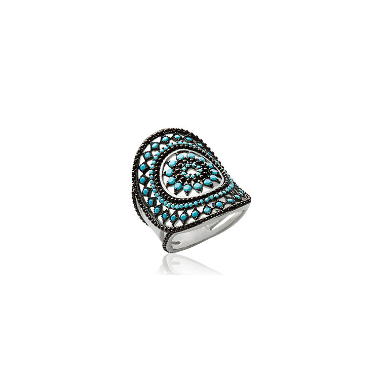 Bague en argent 925/000 rhodié et pierres d'imitation turquoise