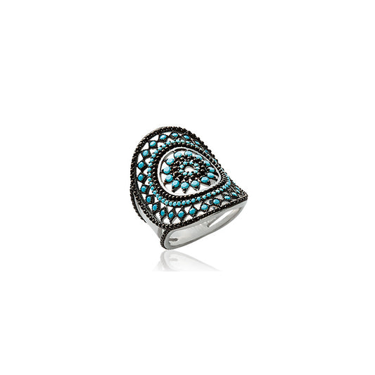 Bague en argent 925/000 rhodié et pierres d'imitation turquoise