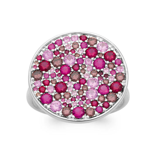 Bague large plateau rond pierres roses