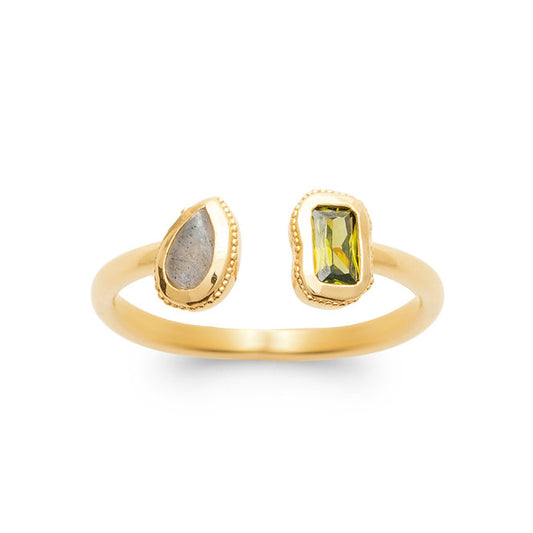 Bague plaqué-or Ouverte Labradorite & Zircon Vert