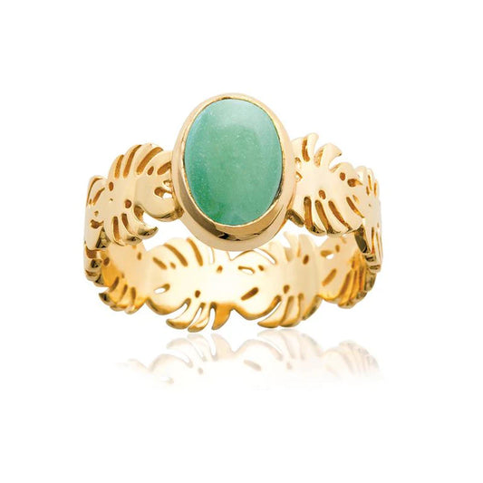 Bague pierre naturelle aventurine feuilles tropicales