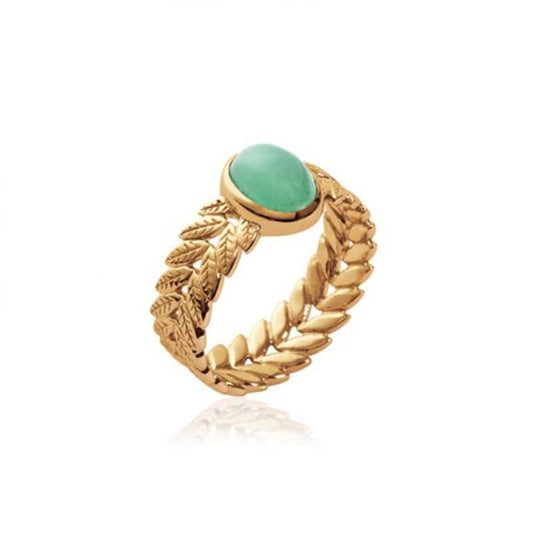 Bague pierre aventurine feuilles laurier plaqué or