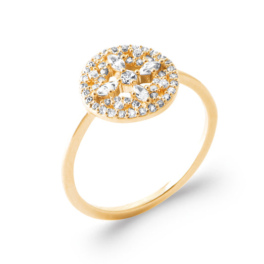 Bague ronde ajourée dorée à motif cristallin en oxyde de zirconium