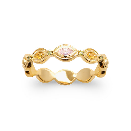 Bague plaqué or à motif œil rose et détails perlés en zirconium