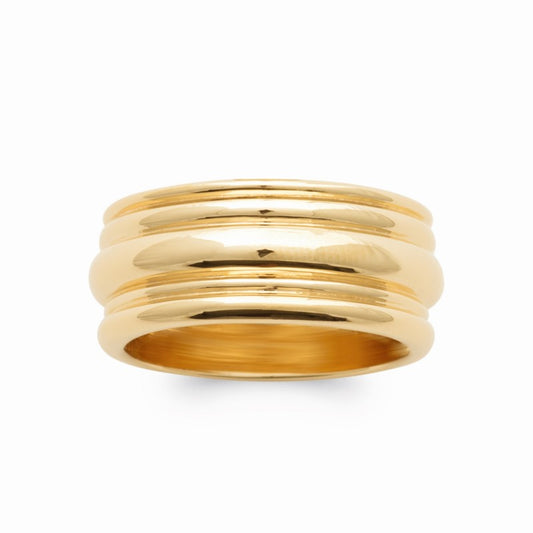 Bague large striée plaqué or