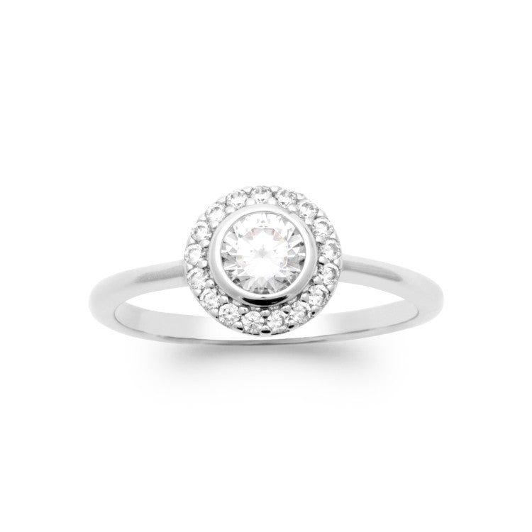 Bague Solitaire entourage et serti clos argent 925 rhodié
