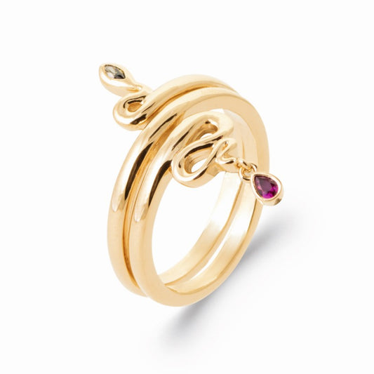 Bague serpent plaqué or et cristal rouge