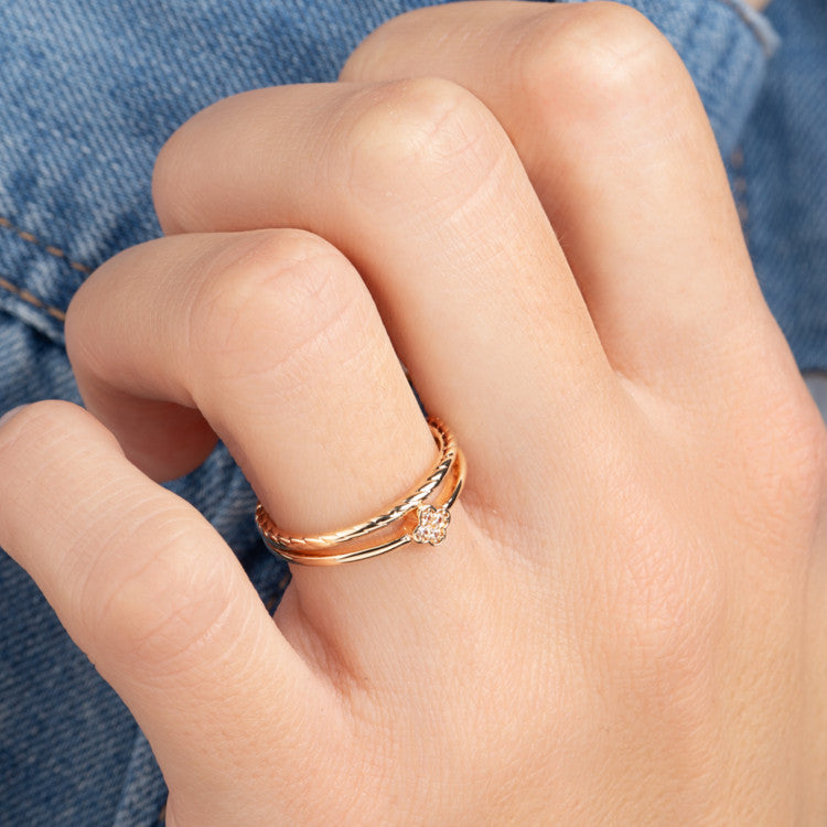 Bague double rangs en plaqué or surmontée d'un trèfle