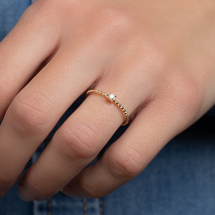 Bague plaqué or fine boules solitaire OZ