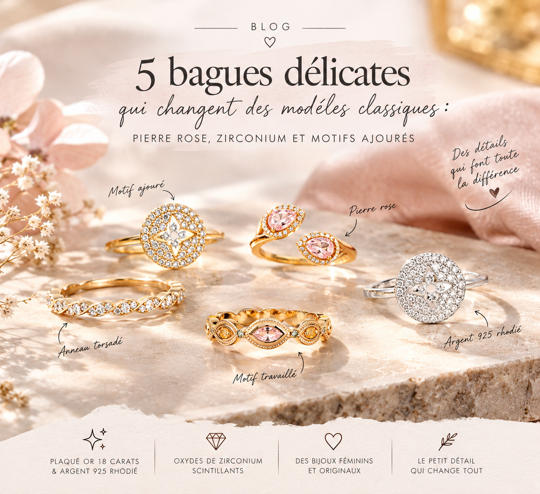 5 bagues délicates qui changent des modèles classiques : pierre rose, zirconium et motifs ajourés