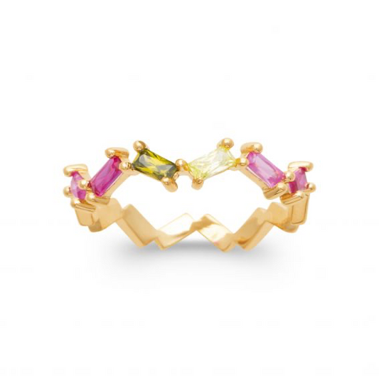 Bague design zircons verts et roses