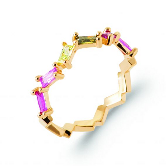 Bague design zircons verts et roses