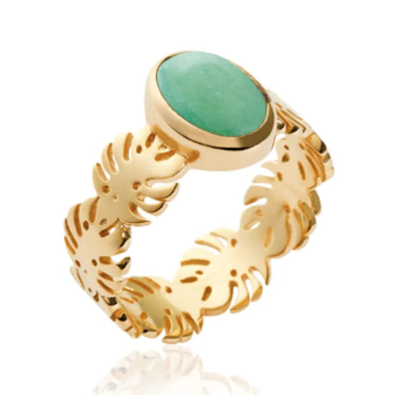 Bague pierre naturelle aventurine feuilles tropicales