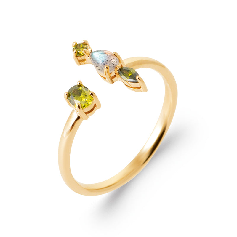 Bague ouverte labradorite et zirconiums verts