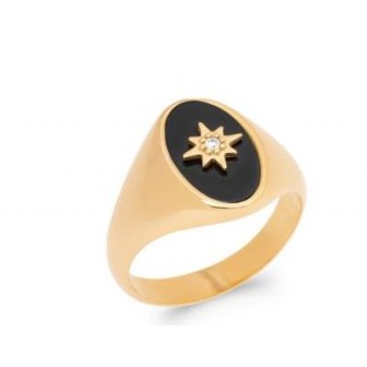 Bague chevalière femme étoile oz plaqué or et agate noire