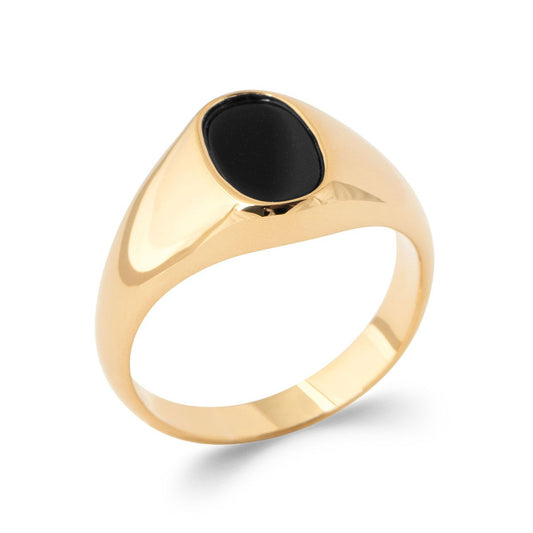 Bague chevalière imitation onyx ovale plaqué or