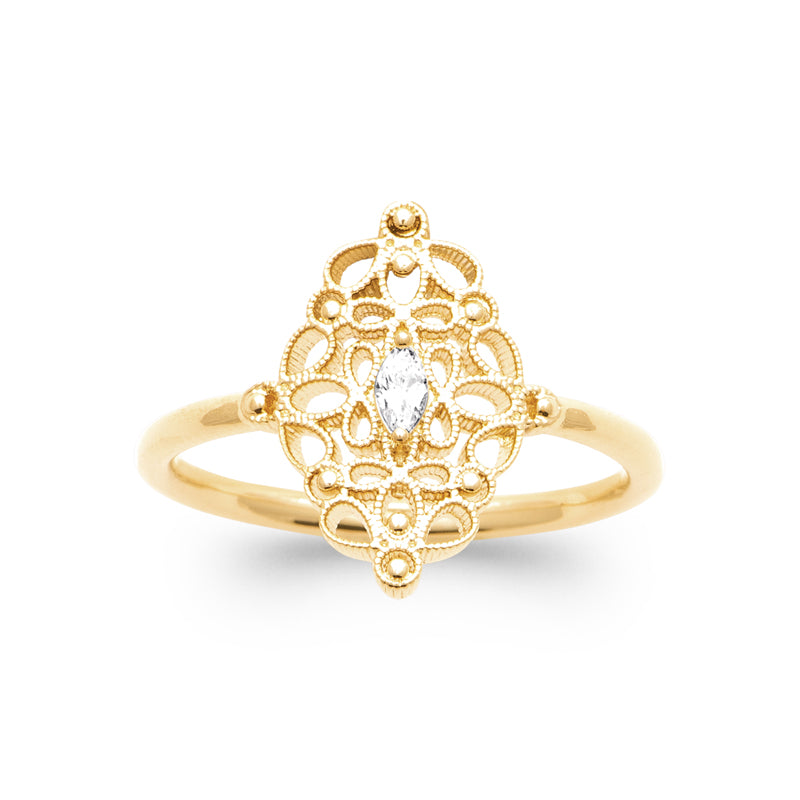 Bague dentelle plaqué or 18 carats et zirconium blanc