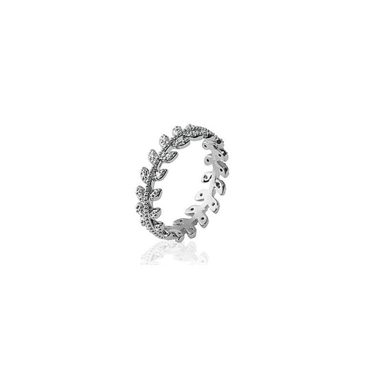 Bague feuille de laurier en argent 925/000 rhodié sertie d'oxydes de zirconium blancs