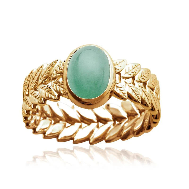 bague avec pierre aventurine verte et feuilles de laurier plaqué or