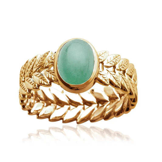 bague avec pierre aventurine verte et feuilles de laurier plaqué or