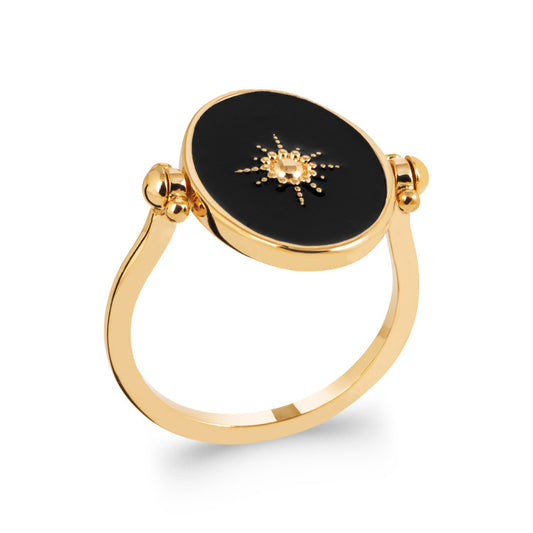 Bague réversible email noir plaqué or