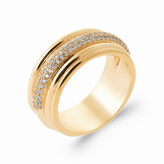Bague large striée plaqué or et zirconium