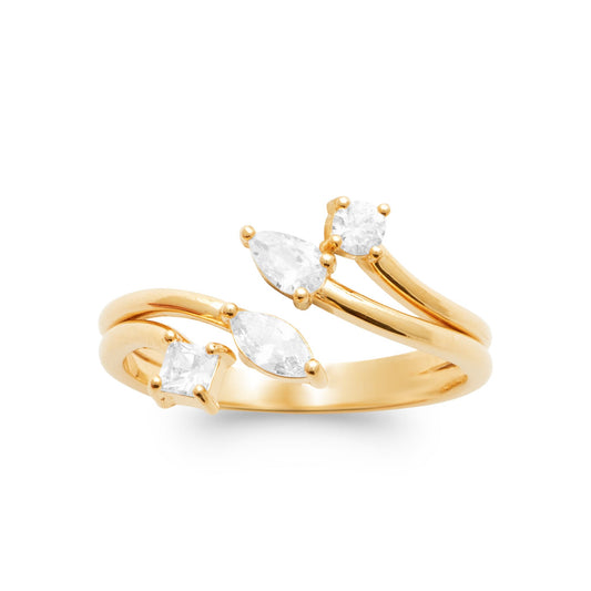 Bague femme feuilles empierrées de zirconium plaqué or