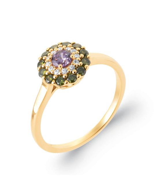 Bague fleur violette, verte et blanche