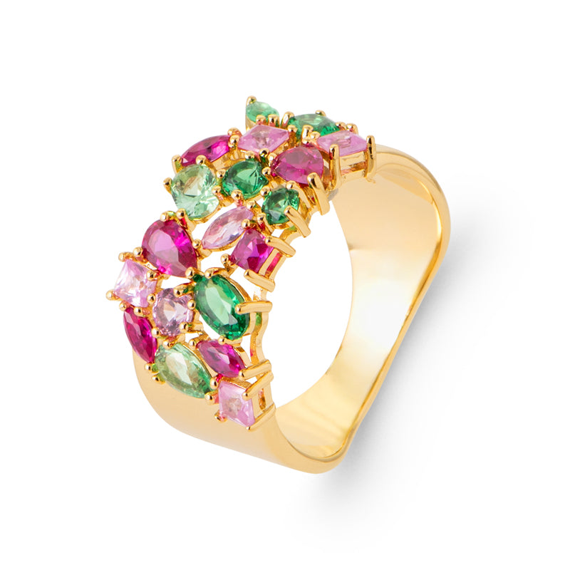 Bague large plaqué or 18K à oxydes de zirconium multicolores