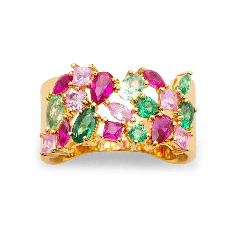 Bague large plaqué or 18K à oxydes de zirconium multicolores