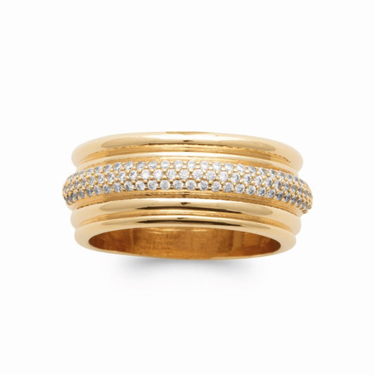 Bague large striée plaqué or et zirconium