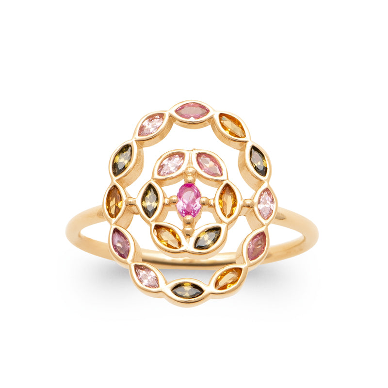 Bague plaqué or 18K mandala à zirconiums multicolores