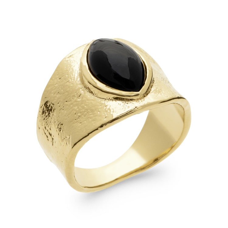 Bague large avec agate noire plaqué or