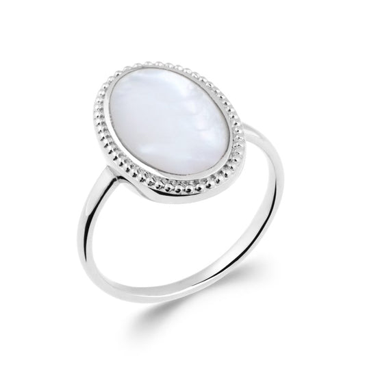 Bague nacre blanche ovale argent 925 rhodié