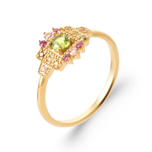 Bague plaqué or avec oz verts et roses
