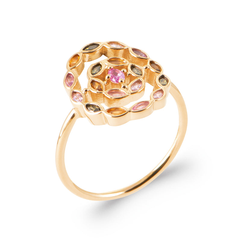 Bague plaqué or 18K mandala à zirconiums multicolores