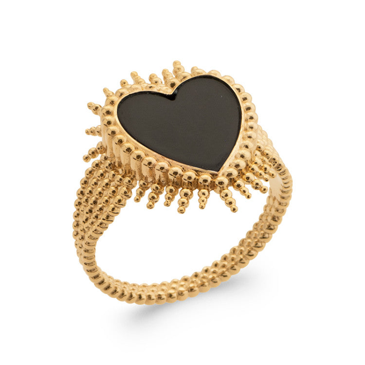 Bague coeur en plaqué or Agate noire