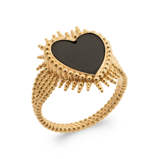 Bague coeur en plaqué or Agate noire