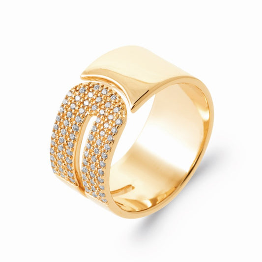 Bague plaqué or large pavée d'oxydes de zirconium