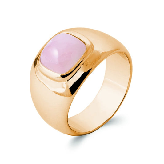 Bague pierre quartz rose centrale anneau large plaqué or