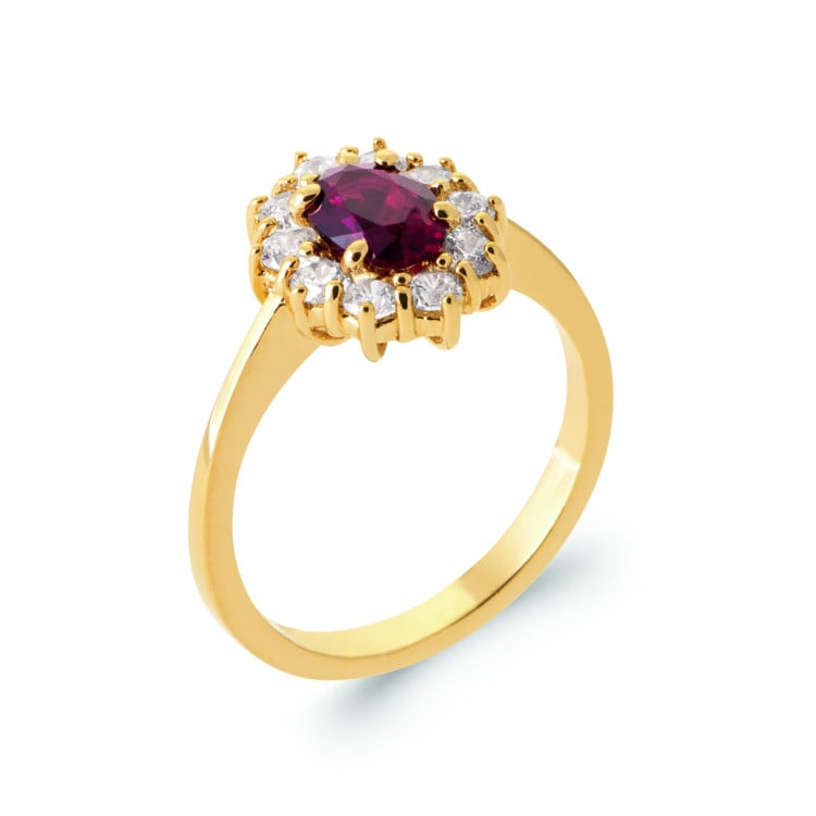 Bague solitaire rubis rouge ovale plaqué or pierre synthétique et OZ ...