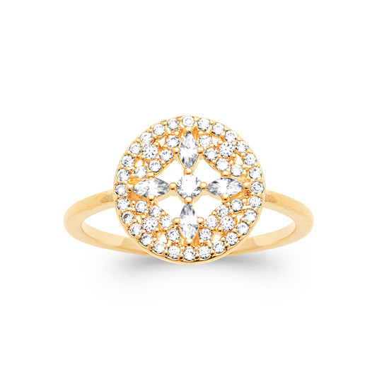 Bague ronde ajourée dorée à motif cristallin en oxyde de zirconium